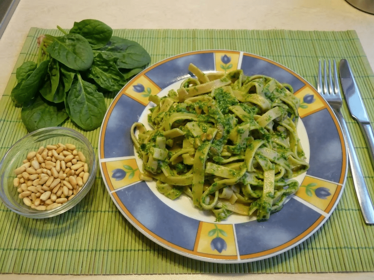 Talerz tagliatelle z pesto szpinakowym obok surowego szpinaku i pinioli