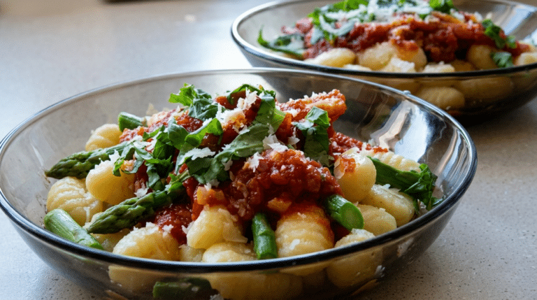 Gnocchi ze szparagami w sosie pomidorowym na talerzu, posypane parmezanem i świeżą bazylią