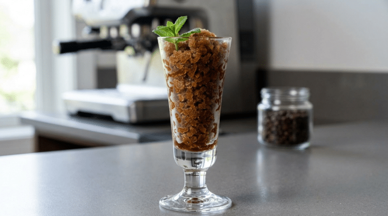 Granita kawowa w szklance, mrożony deser kawowy o konsystencji drobnych kryształków lodu