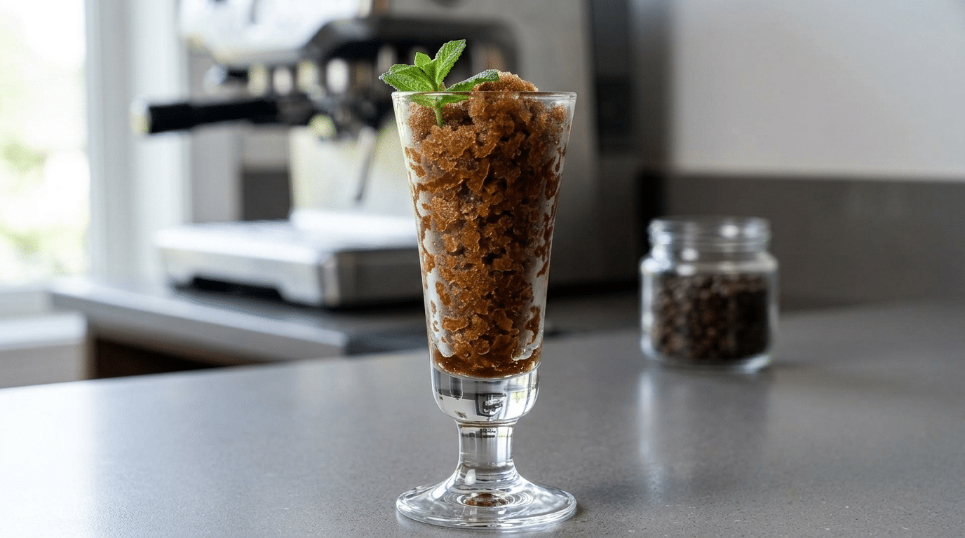Granita kawowa w szklance, mrożony deser kawowy o konsystencji drobnych kryształków lodu