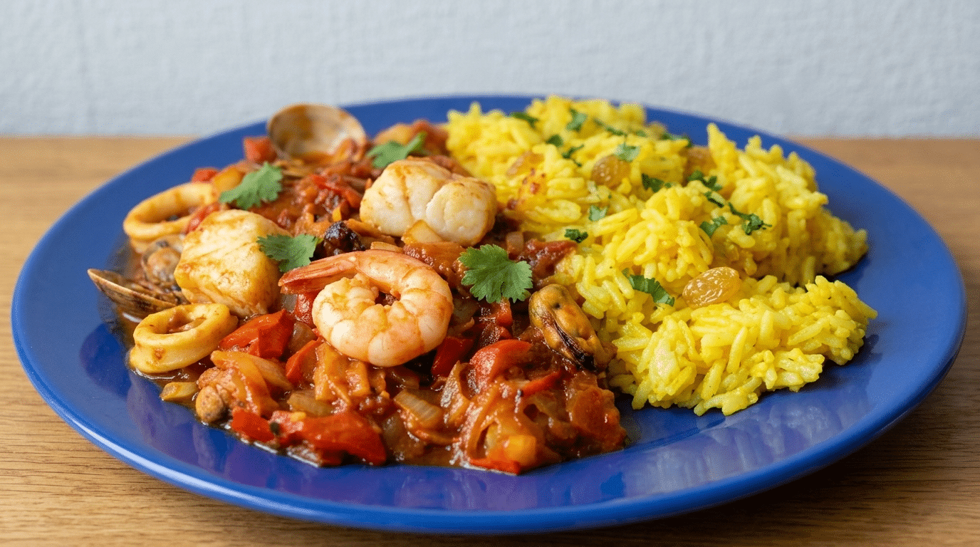 Curry z owoców morza w aromatycznym sosie pomidorowym podane z żółtym ryżem z kurkumą