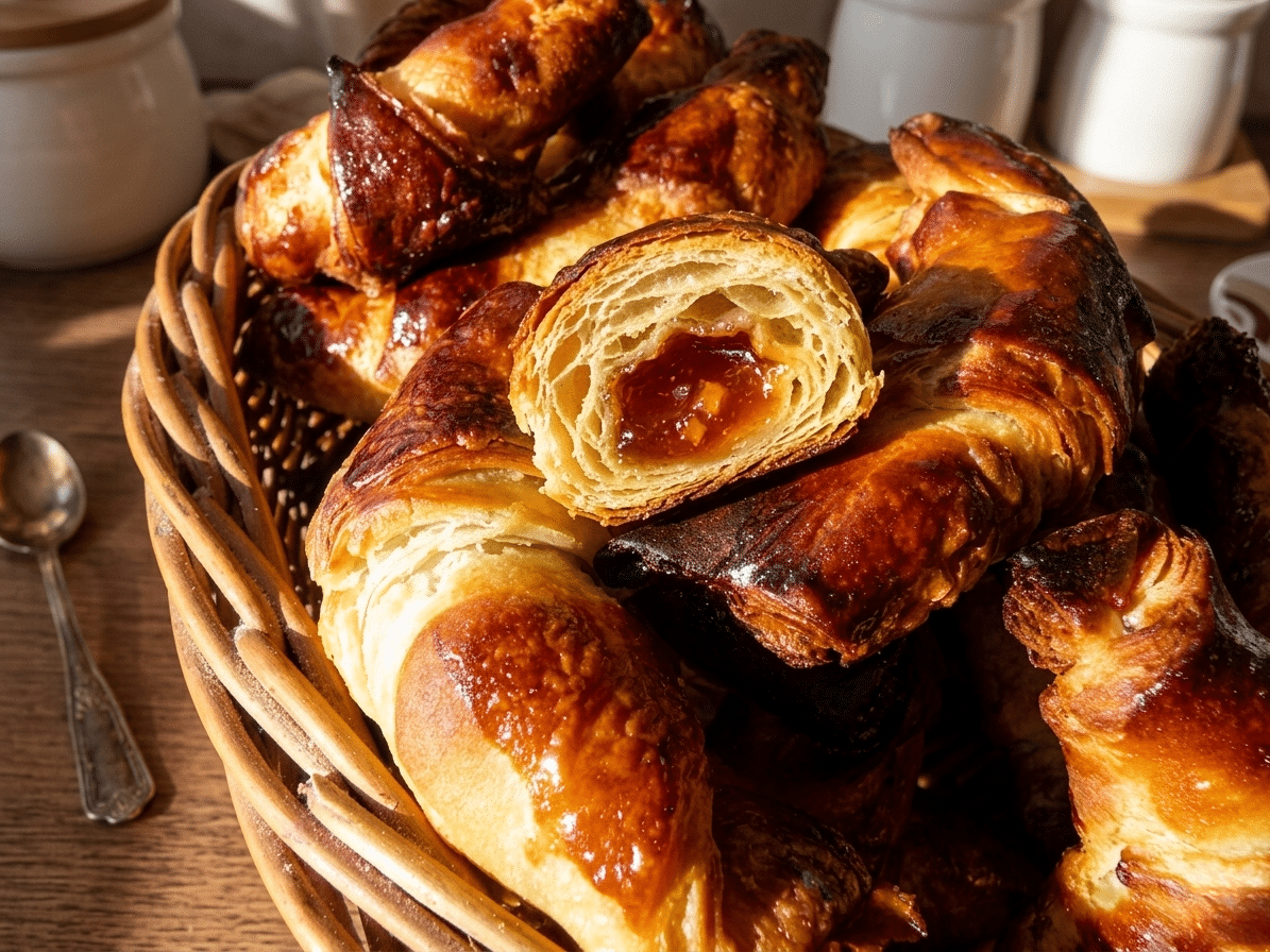 Domowe croissanty w koszyku, złociste i chrupiące, nadziane marmoladą