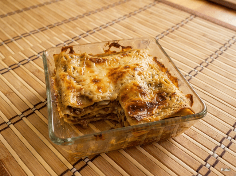 Porcja lasagne z mięsem mielonym i pieczarkami z widocznym złocistym, zapieczonym sosem beszamelowym