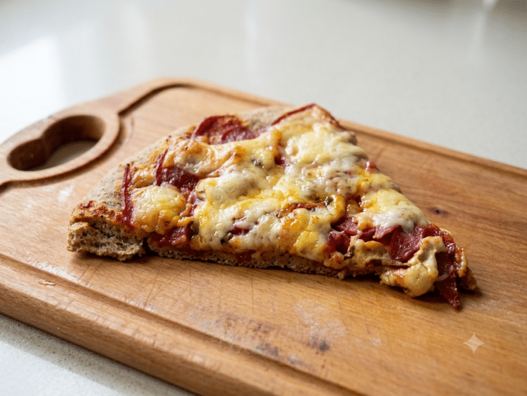 Pizza na cieście razowym z pieczarkami, salami i roztopionym żółtym serem