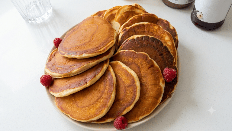Stos puszystych amerykańskich pancakes polanych syropem klonowym na białym talerzu