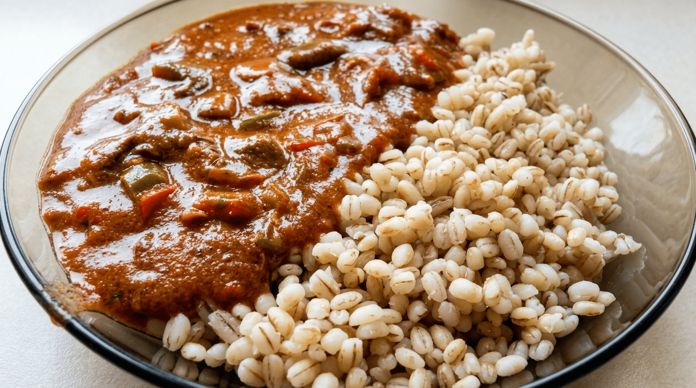 Boeuf Stroganow — kawałki wołowiny w kremowym sosie pomidorowym z pieczarkami i papryką, podane na talerzu z pęczakiem