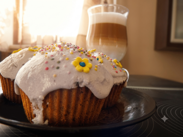 Muffiny owsiane z daktylami polane białym lukrem cytrynowym na talerzu