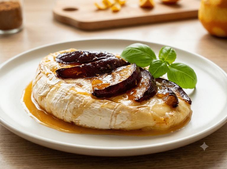 Pieczony camembert z karmelizowanymi śliwkami w sosie pomarańczowym podany w naczyniu żaroodpornym
