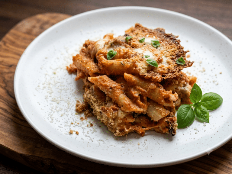 Zapiekany makaron penne z mozzarellą i chrupiącą skórką z parmezanu w naczyniu żaroodpornym
