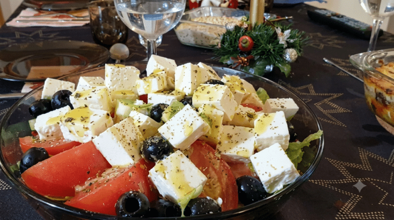 Sałatka grecka z fetą, oliwkami, pomidorami i ogórkiem skropiona oliwą i posypana oregano