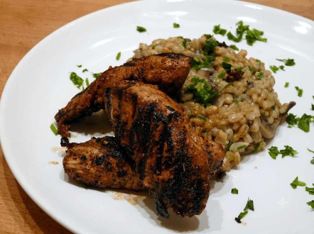 Grillowane plastry piersi indyka w marynacie sojowo-balsamicznej na talerzu
