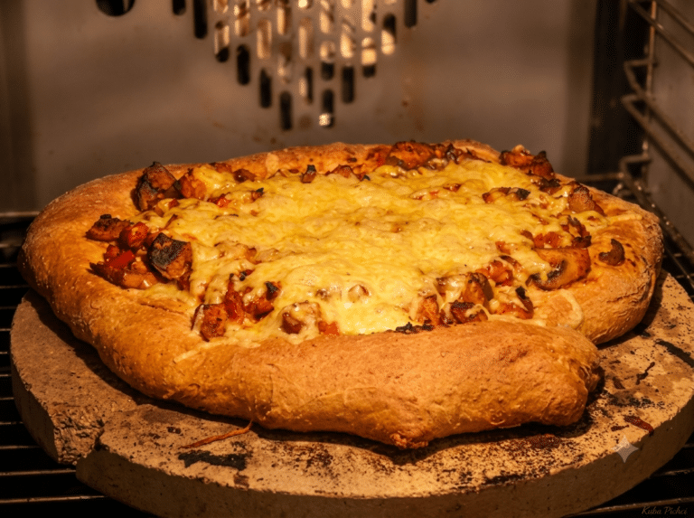 Pizza z potrawką z kurczaka na grubym cieście pełnoziarnistym, zapieczona z serem żółtym