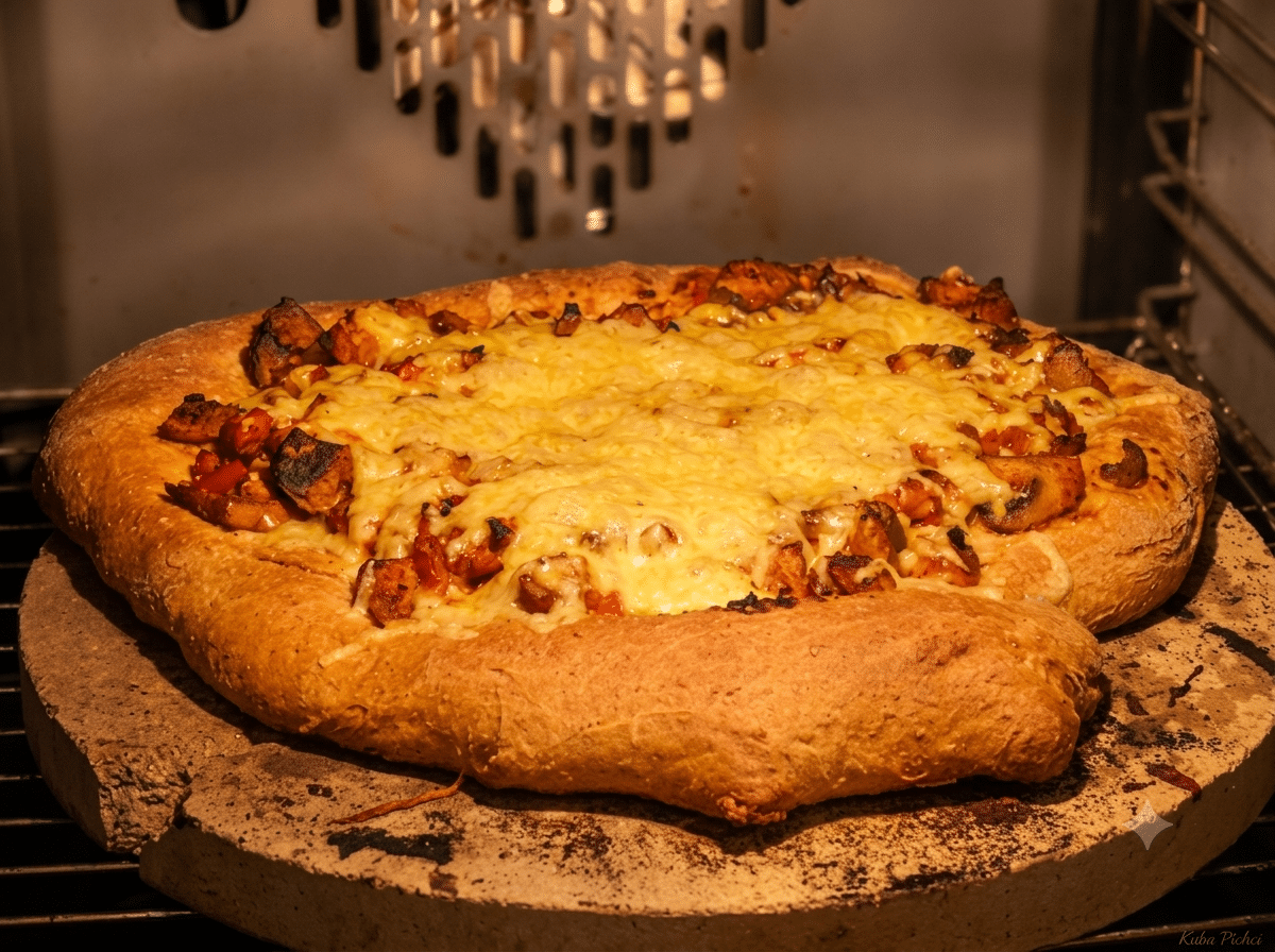 Pizza z potrawką z kurczaka na grubym cieście pełnoziarnistym, zapieczona z serem żółtym