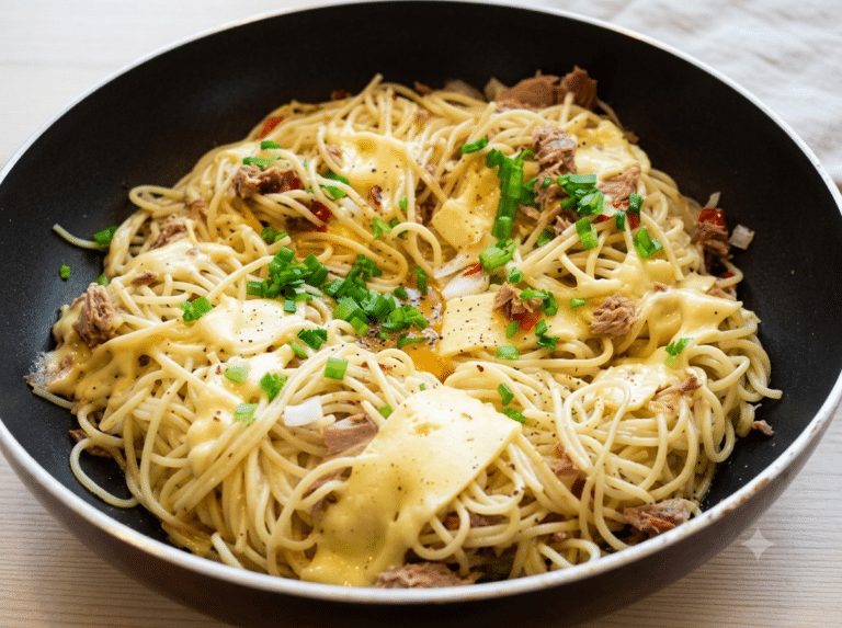 Makaron spaghetti z tuńczykiem, jajkiem sadzonym i startym serem posypany szczypiorkiem na patelni