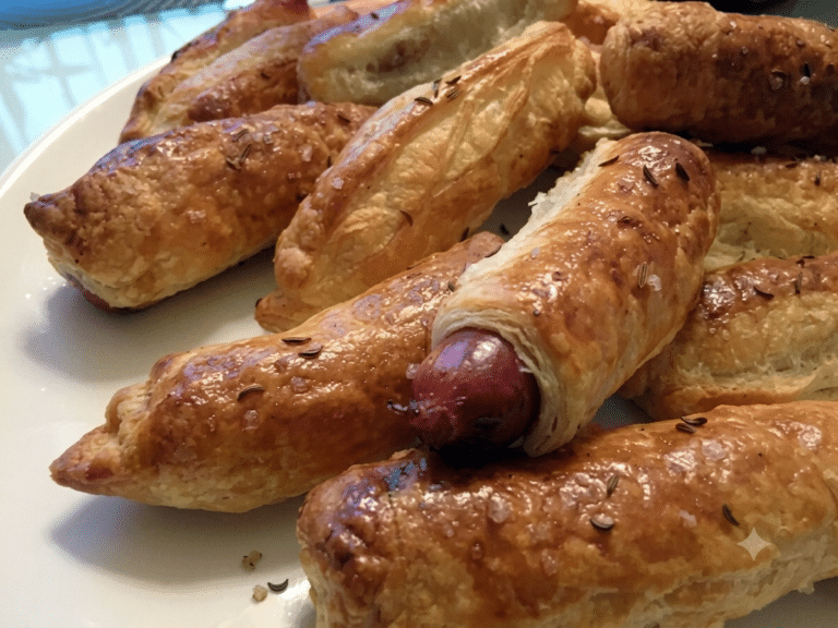 Złociste paszteciki z frankfurterkami zawinięte w ciasto francuskie, posypane kminkiem i solą gruboziarnistą