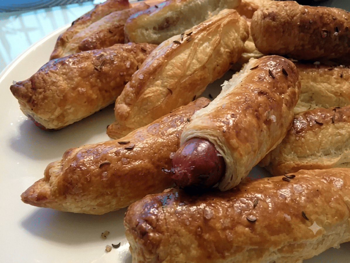 Złociste paszteciki z frankfurterkami zawinięte w ciasto francuskie, posypane kminkiem i solą gruboziarnistą