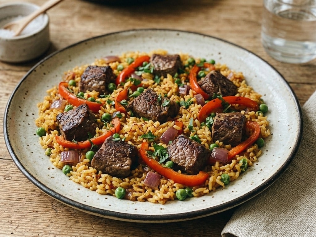 Paella z wołowiną z czerwoną papryką, groszkiem i chorizo podana na talerzu
