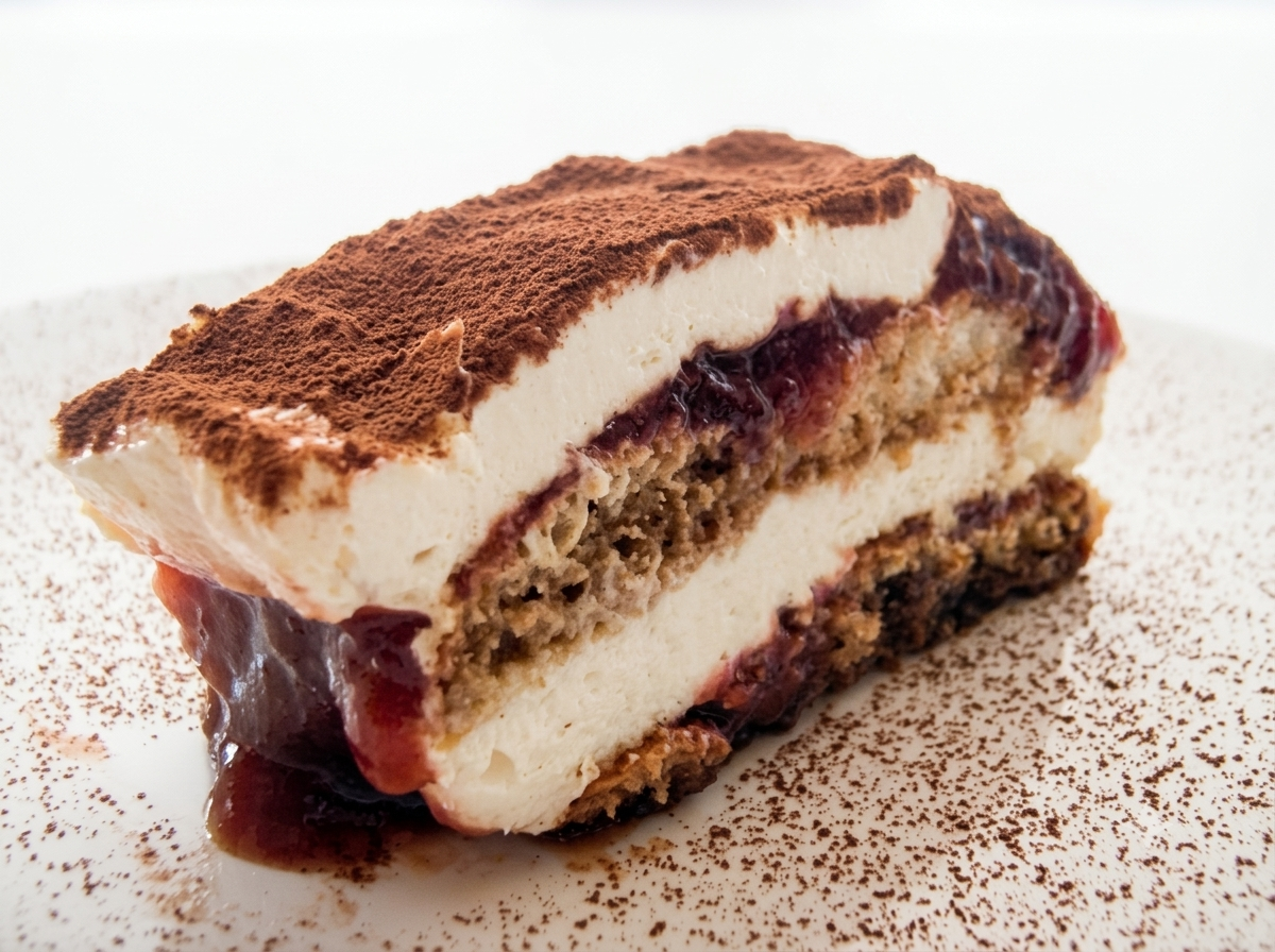 Śliwkowe tiramisu w naczyniu ceramicznym oprószone kakao, z widocznym kremem mascarpone i musem śliwkowym