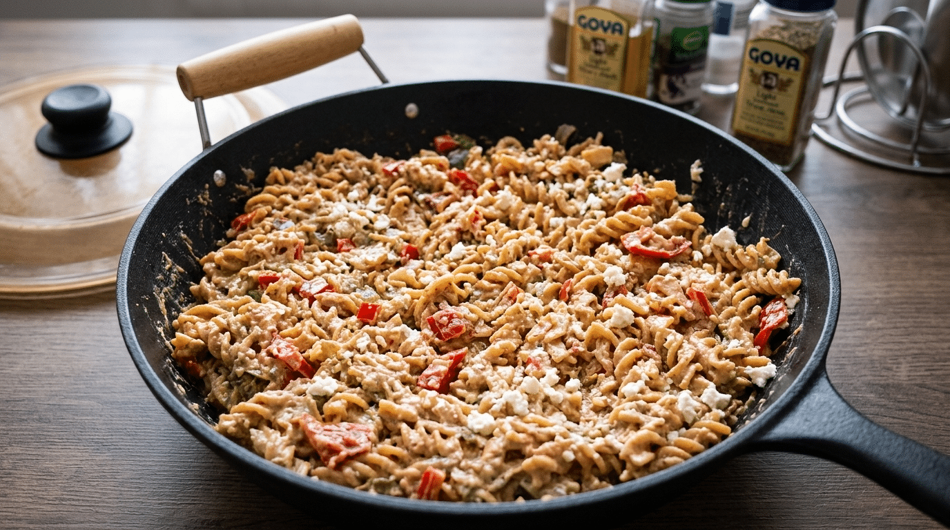 Fusilli z fetą i papryką - makaron świderki z kawałkami czerwonej papryki i pokruszonym serem