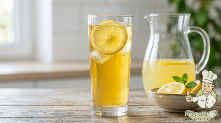 Domowy radler — jasne piwo z lemoniadą i plasterkiem cytryny w wysokiej szklance