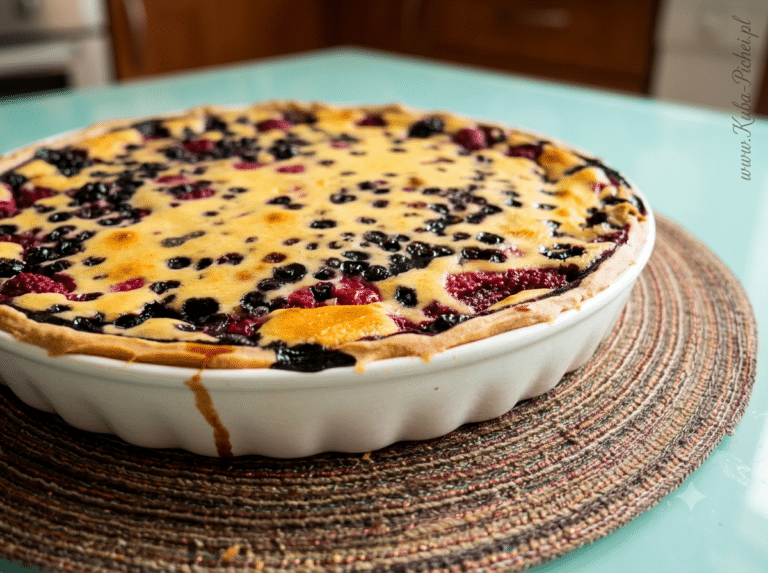 Tarta z malinami i jagodami na kruchym cieście, pokrojona na kawałki w okrągłej formie do tarty