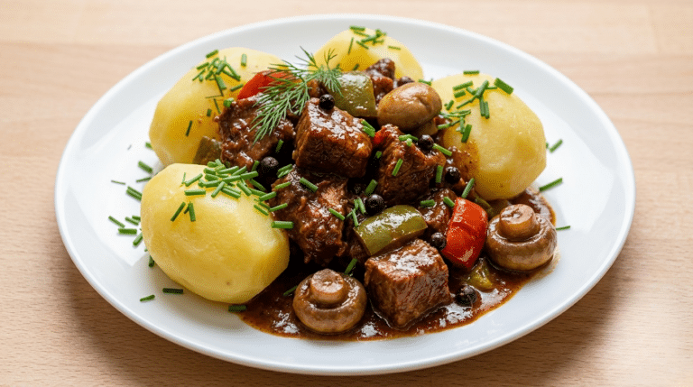 Gulasz wieprzowy z marchewką i cebulą w sosie, podany w głębokim talerzu