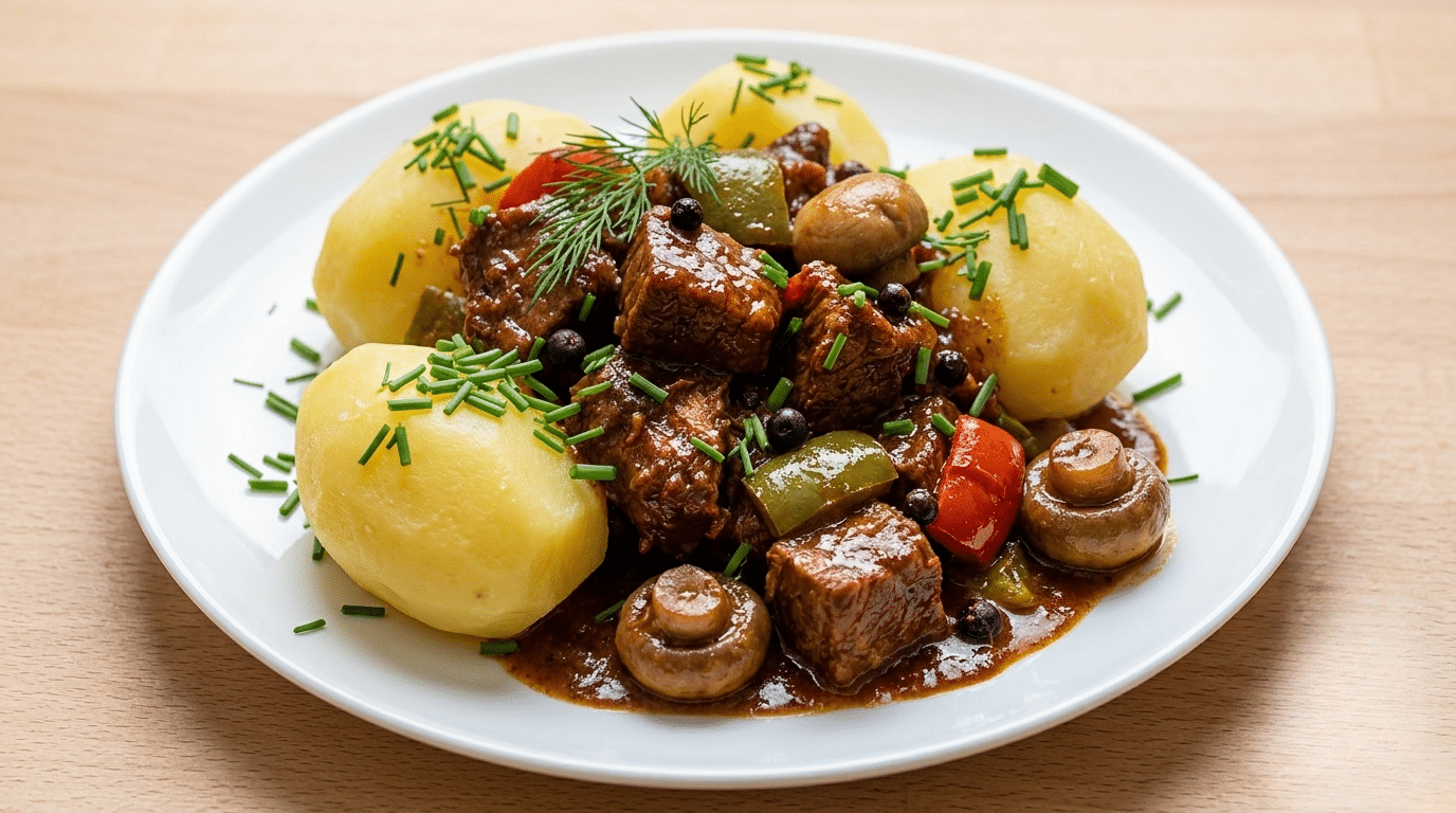 Gulasz wieprzowy z marchewką i cebulą w sosie, podany w głębokim talerzu