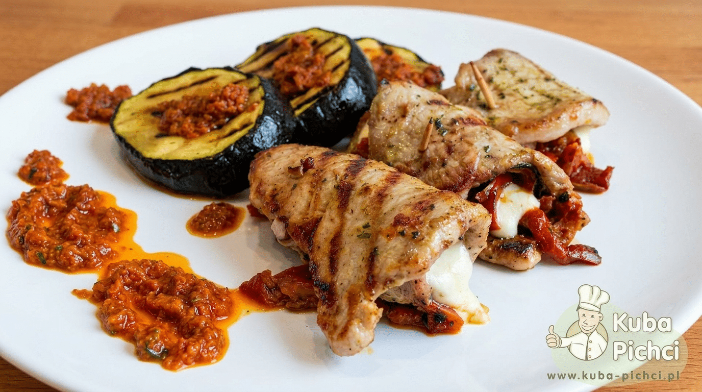Marynowany schab z mozzarellą i grillowaną cukinią — roladki na talerzu z sosem pomidorowym