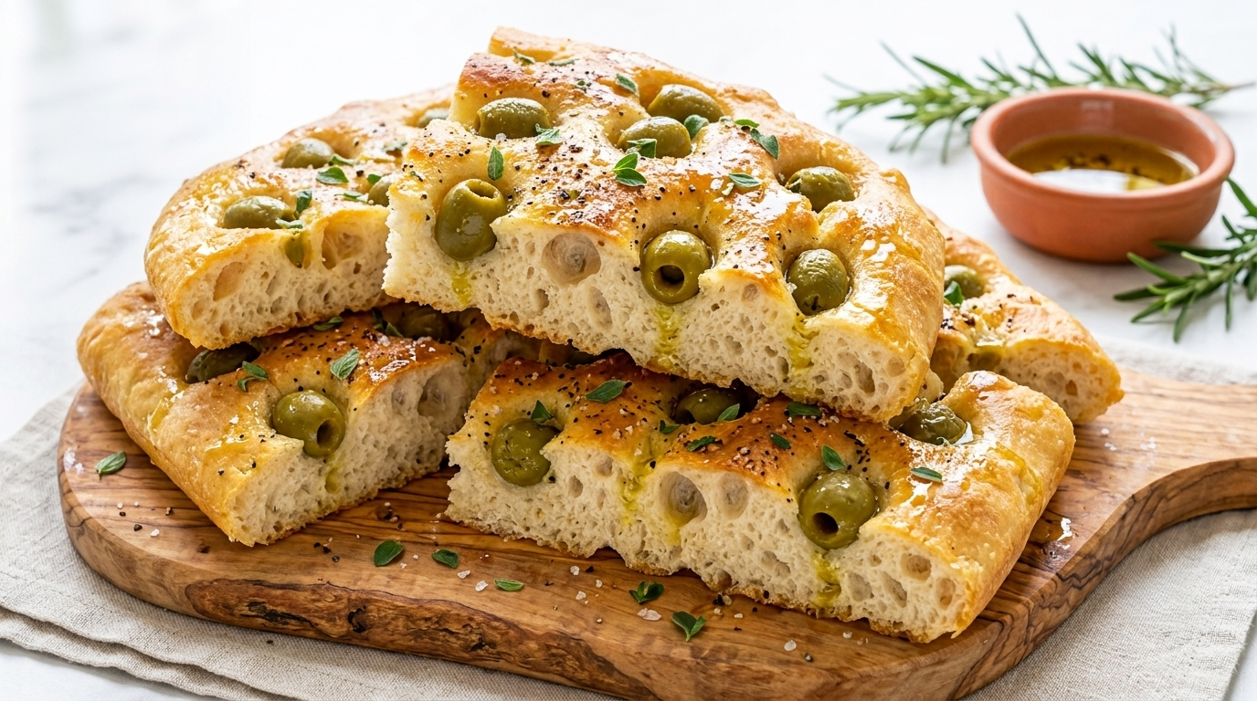 Świeżo upieczona focaccia z oliwkami, przygotowana według przepisu podstawowego
