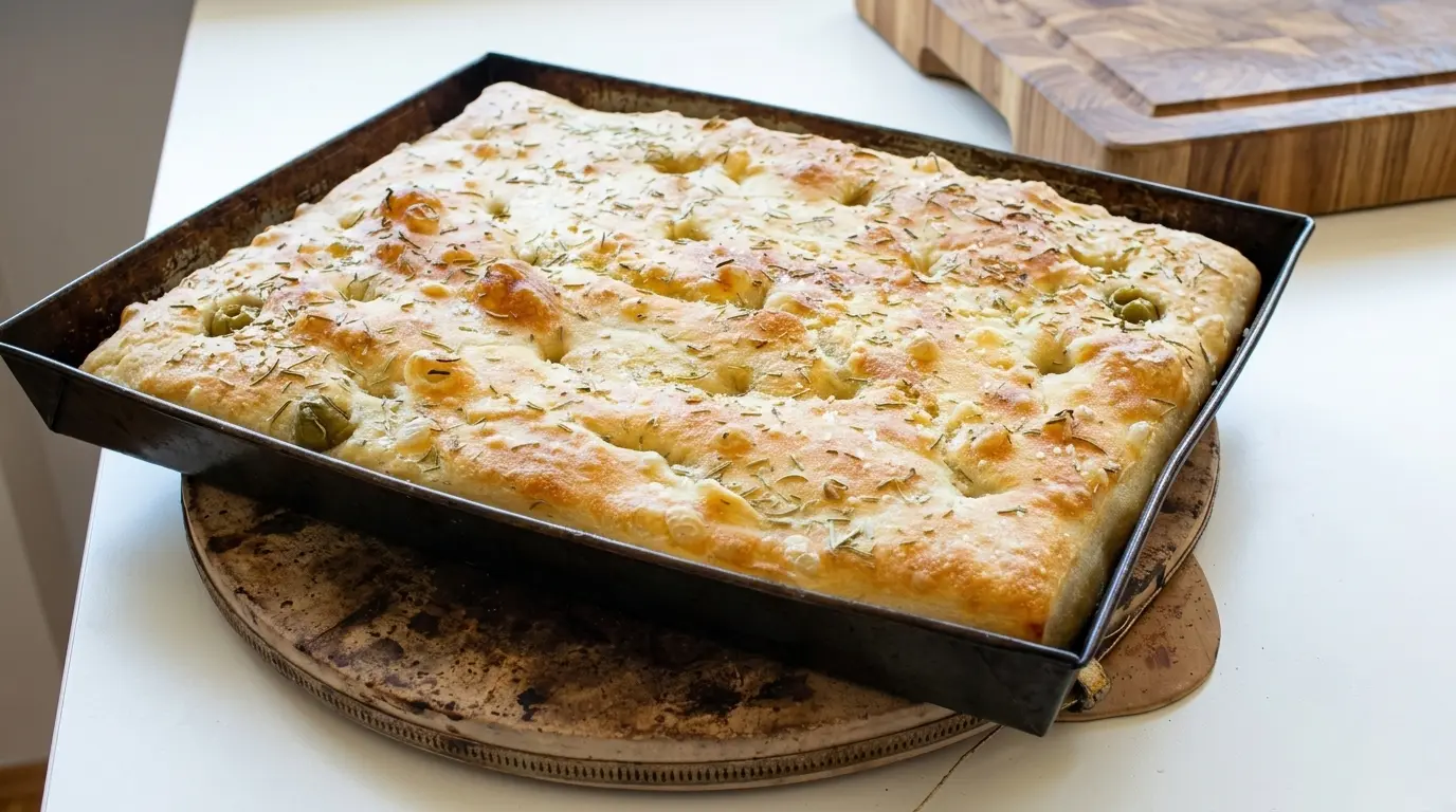 Rumiana focaccia bez zagniatania z chrupiącą skórką posypana solą gruboziarnistą