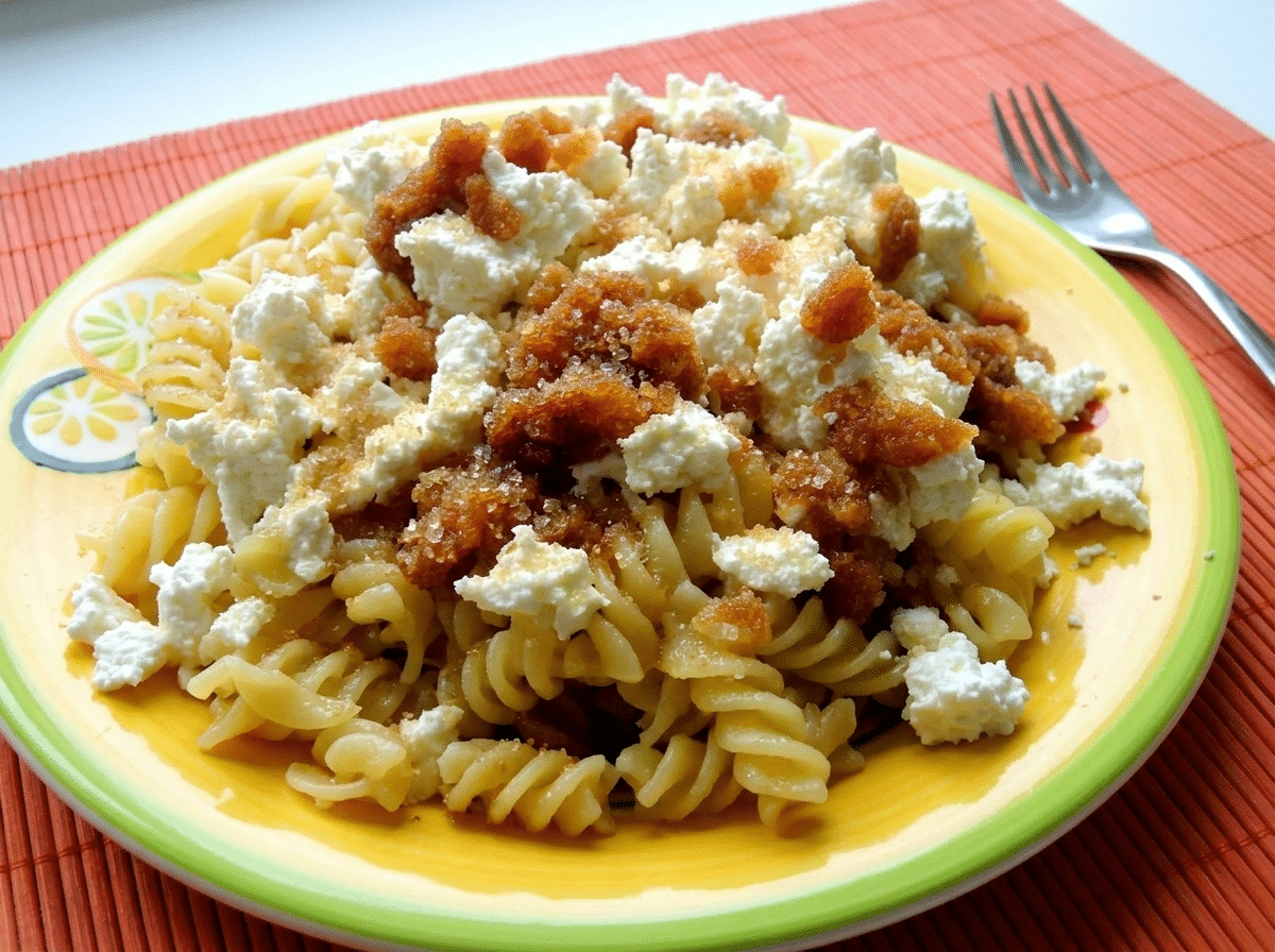 Talerz makaronu fusilli z pokruszonym białym serem i zrumienioną bułką tartą
