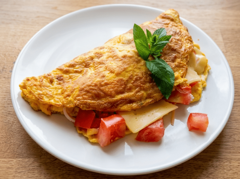 Złocisty omlet z pomidorami i roztopionym żółtym serem na talerzu